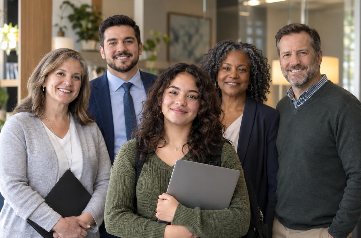 A young job seeker with career advisors and employers
